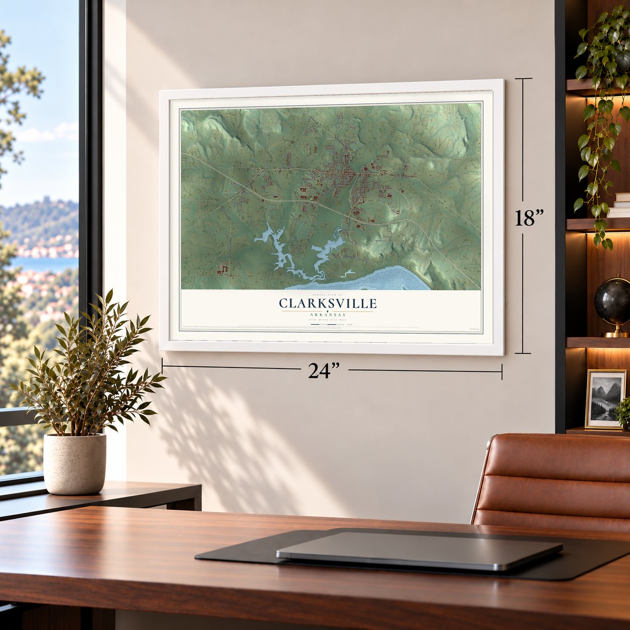 Clarksville, Arkansas map, 18 x 24 inch print in a white frame in a home office