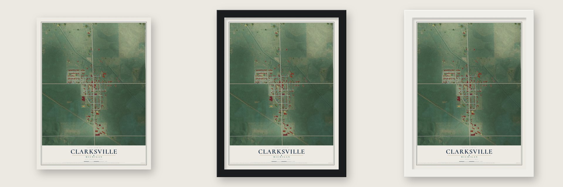 Clarksville, Michigan map unframed, in a black wood frame and in a white wood frame