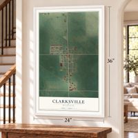 Clarksville, Michigan map, 24 x 36 inch print in a white frame by a staircase