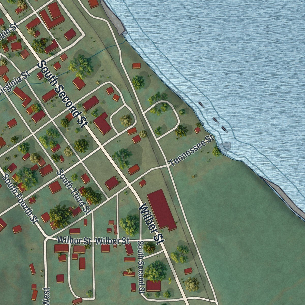 Second close-up of the map of Clarksville, Missouri print showing more streets and buildings