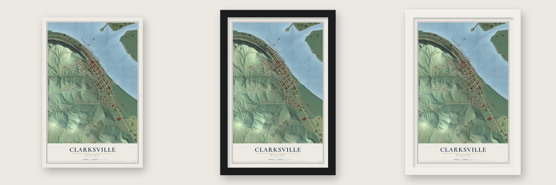 Clarksville, Missouri map unframed, in a black wood frame and in a white wood frame