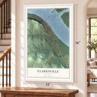 Clarksville, Missouri map, 24 x 36 inch print in a white frame by a staircase