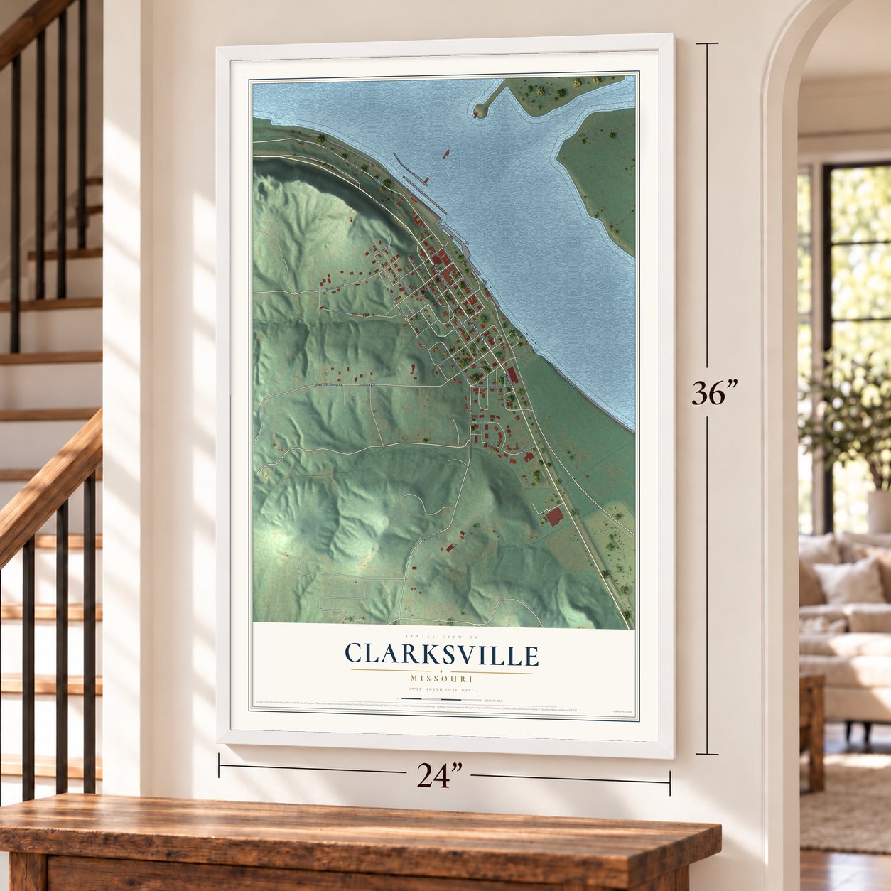 Clarksville, Missouri map, 24 x 36 inch print in a white frame by a staircase