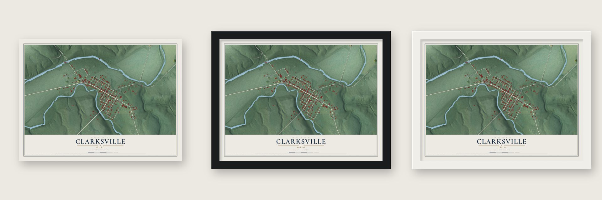 Clarksville, Ohio map unframed, in a black wood frame and in a white wood frame