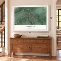 Clarksville, Ohio map, 24 x 36 inch print in a white frame above a dresser by a staircase