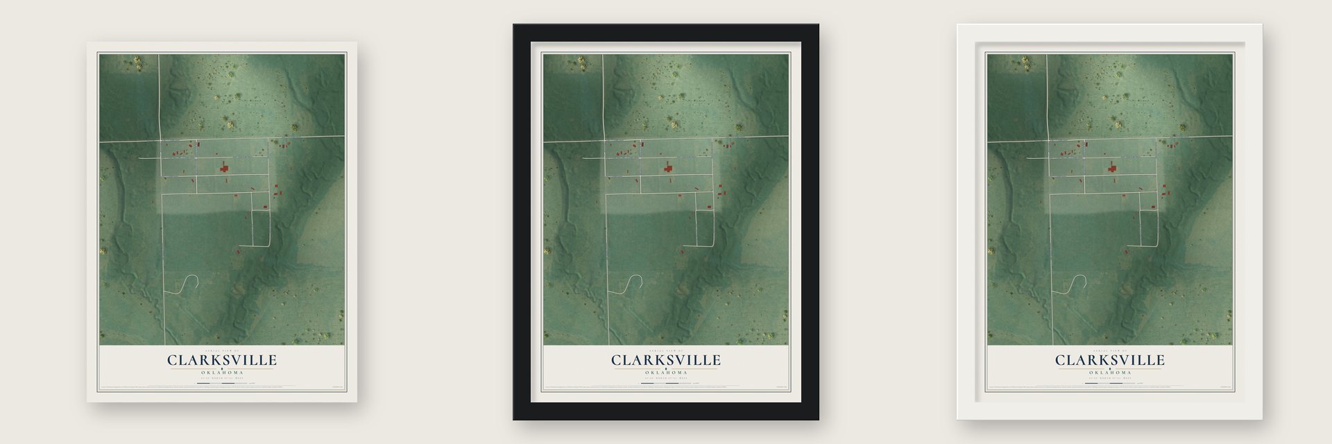 Clarksville, Oklahoma map unframed, in a black wood frame and in a white wood frame
