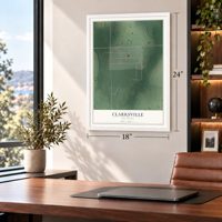 Clarksville, Oklahoma map, 18 x 24 inch print in a white frame in a home office