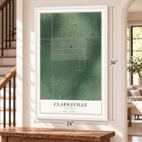 Clarksville, Oklahoma map, 24 x 36 inch print in a white frame by a staircase