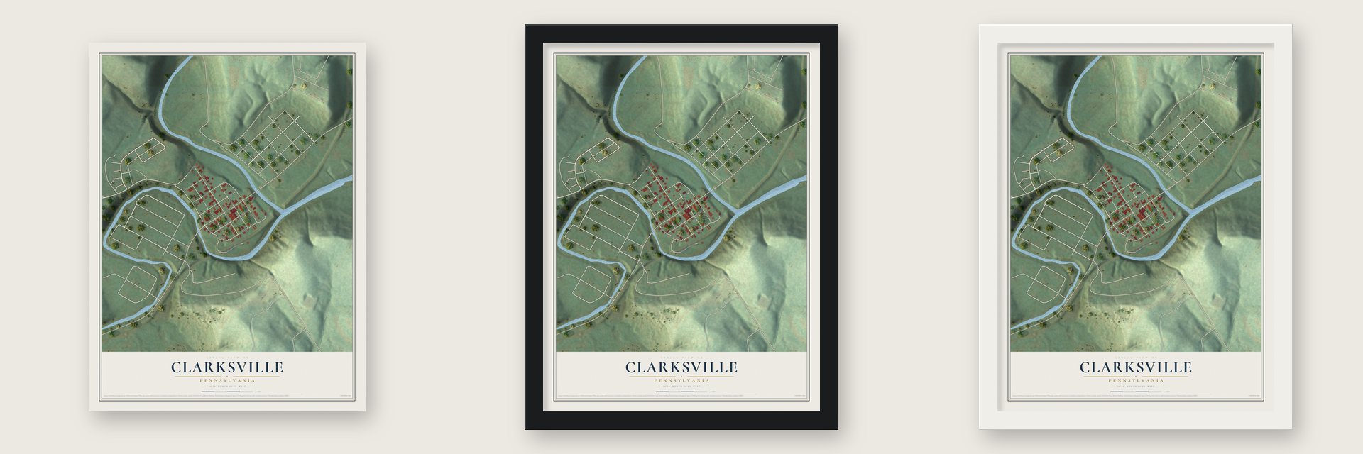 Clarksville, Pennsylvania map unframed, in a black wood frame and in a white wood frame