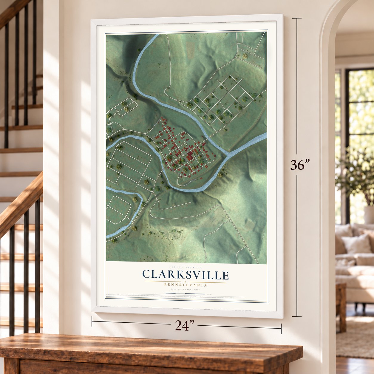 Clarksville, Pennsylvania map, 24 x 36 inch print in a white frame by a staircase