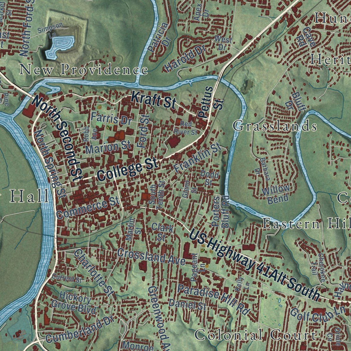 Second close-up of the map of Clarksville, Tennessee print showing more streets and buildings