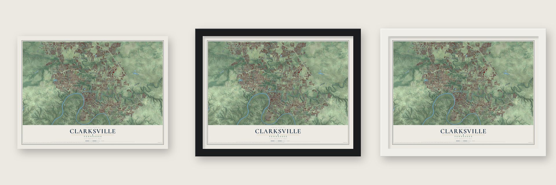 Clarksville, Tennessee map unframed, in a black wood frame and in a white wood frame