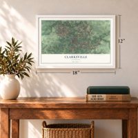 Clarksville, Tennessee map, 12 x 18 inch print in a white frame in an entryway