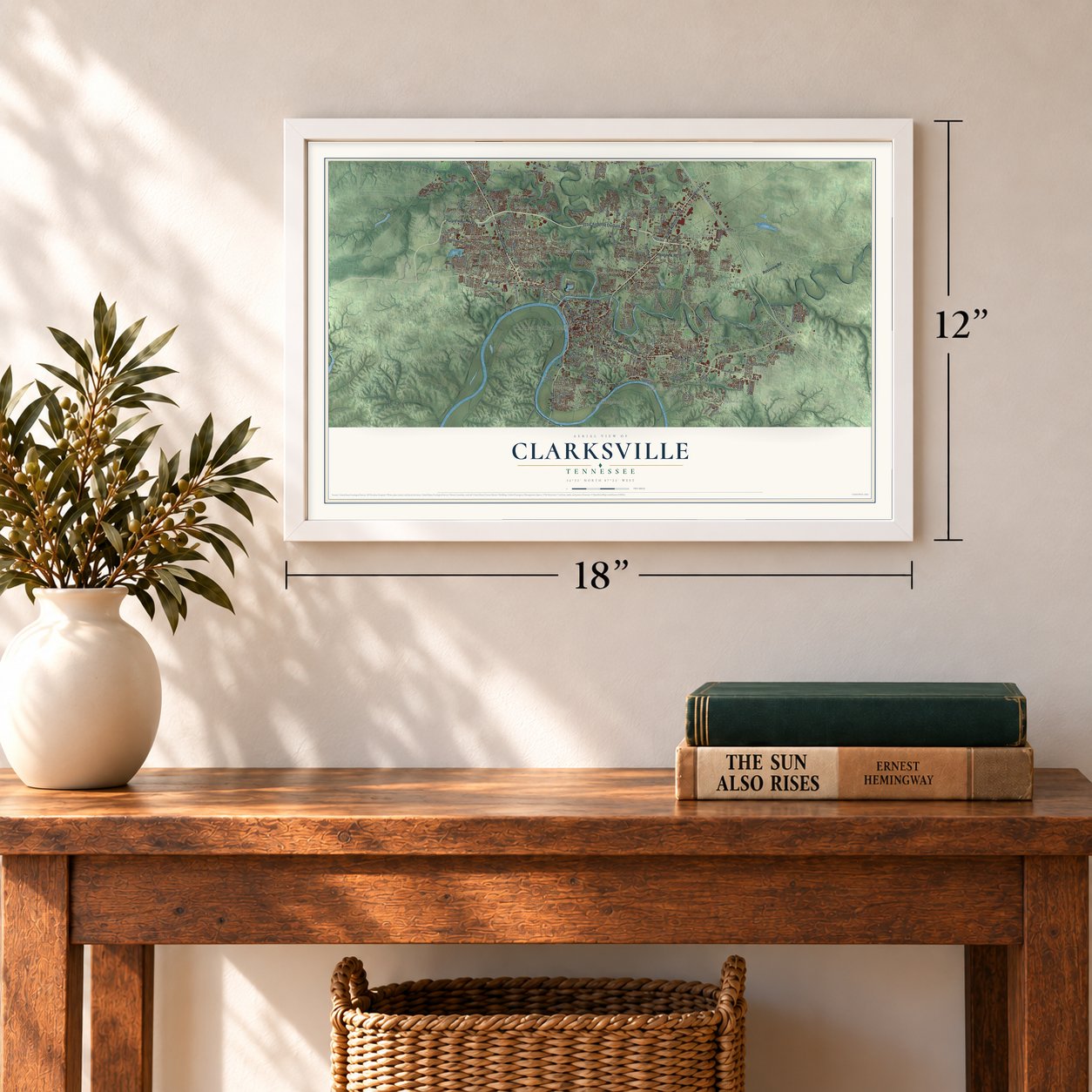 Clarksville, Tennessee map, 12 x 18 inch print in a white frame in an entryway