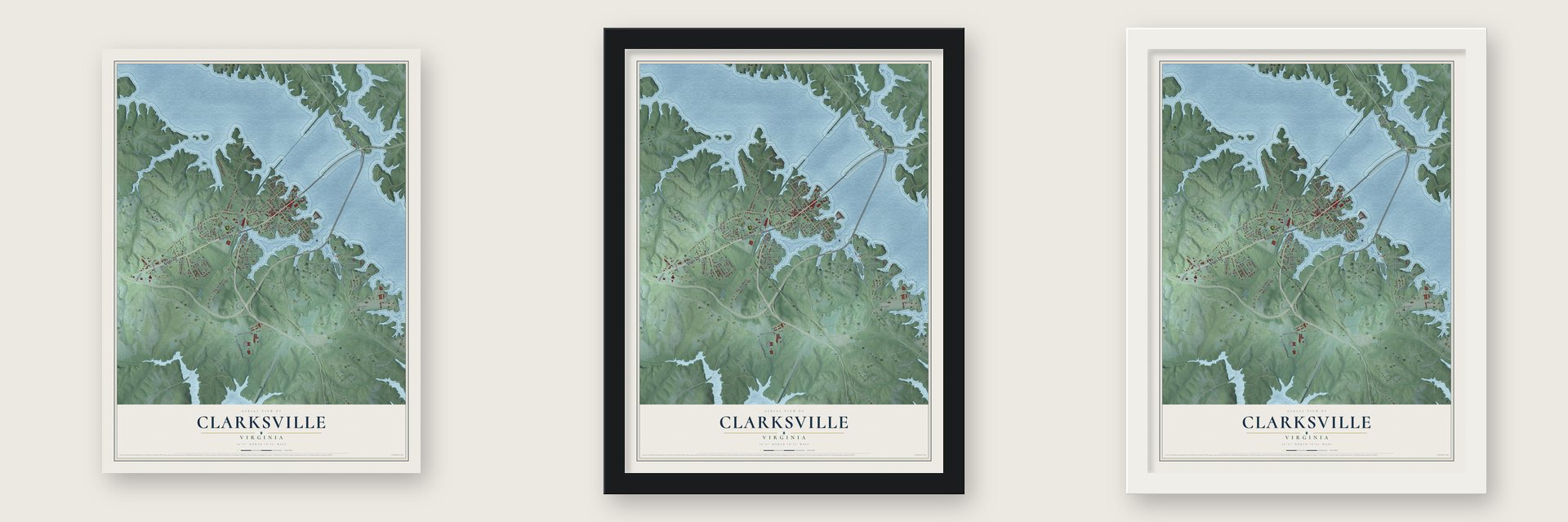 Clarksville, Virginia map unframed, in a black wood frame and in a white wood frame