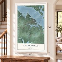 Clarksville, Virginia map, 24 x 36 inch print in a white frame by a staircase
