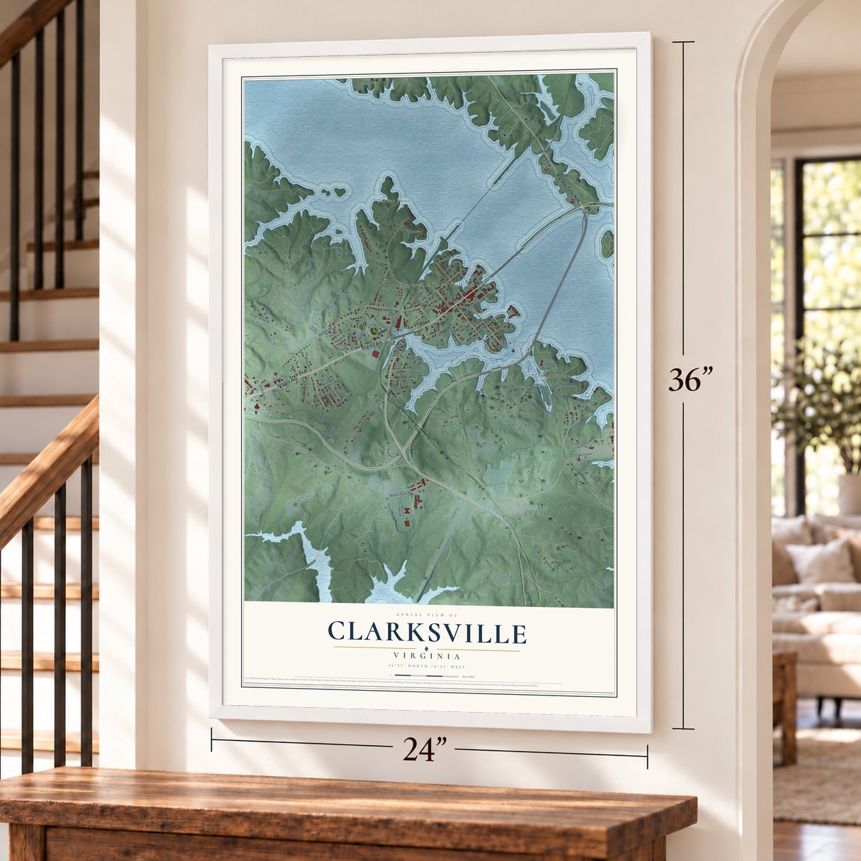 Clarksville, Virginia map, 24 x 36 inch print in a white frame by a staircase