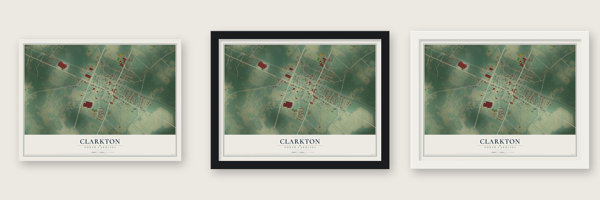 Clarkton, North Carolina map unframed, in a black wood frame and in a white wood frame
