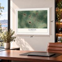 Clarkton, North Carolina map, 18 x 24 inch print in a white frame in a home office