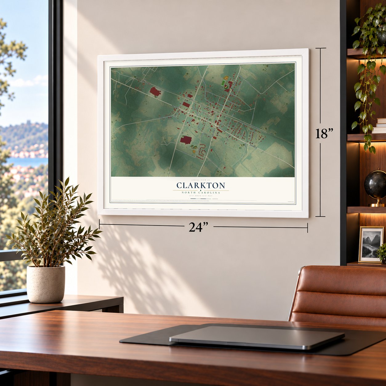 Clarkton, North Carolina map, 18 x 24 inch print in a white frame in a home office