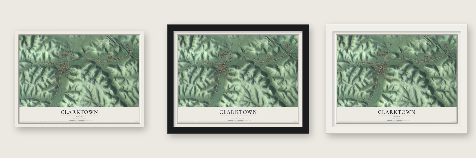 Clarktown, Ohio map unframed, in a black wood frame and in a white wood frame