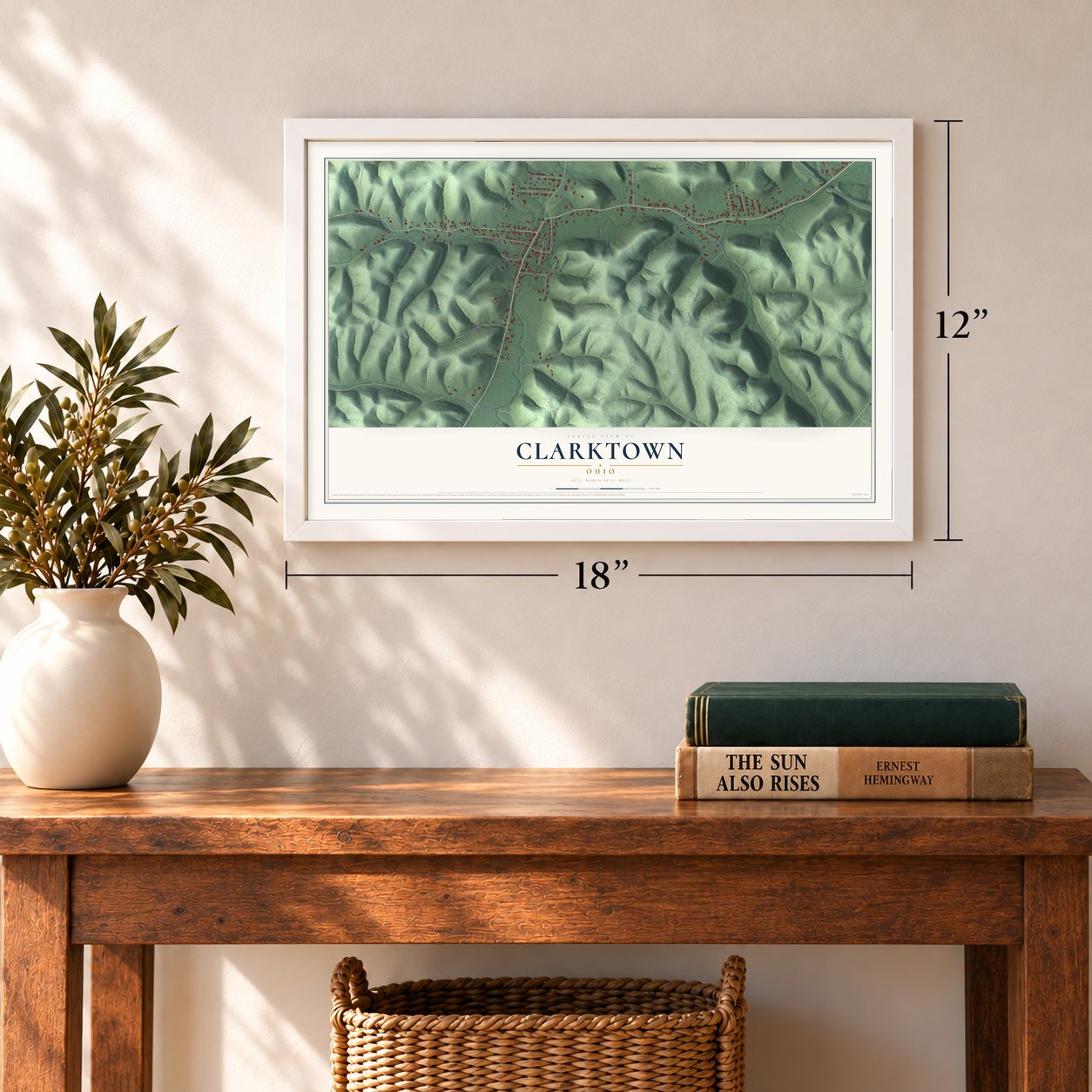 Clarktown, Ohio map, 12 x 18 inch print in a white frame in an entryway
