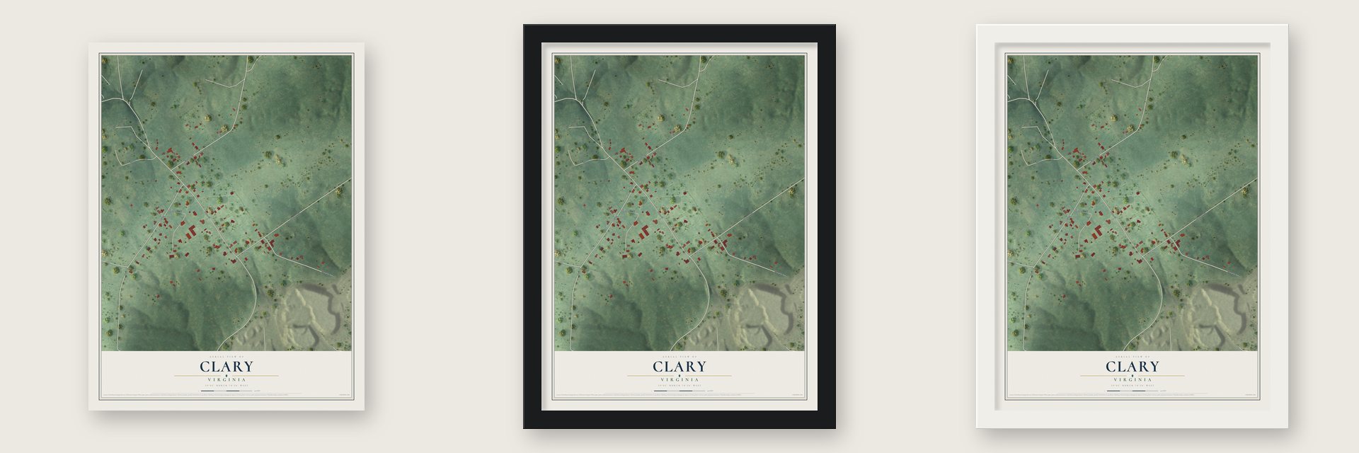 Clary, Virginia map unframed, in a black wood frame and in a white wood frame