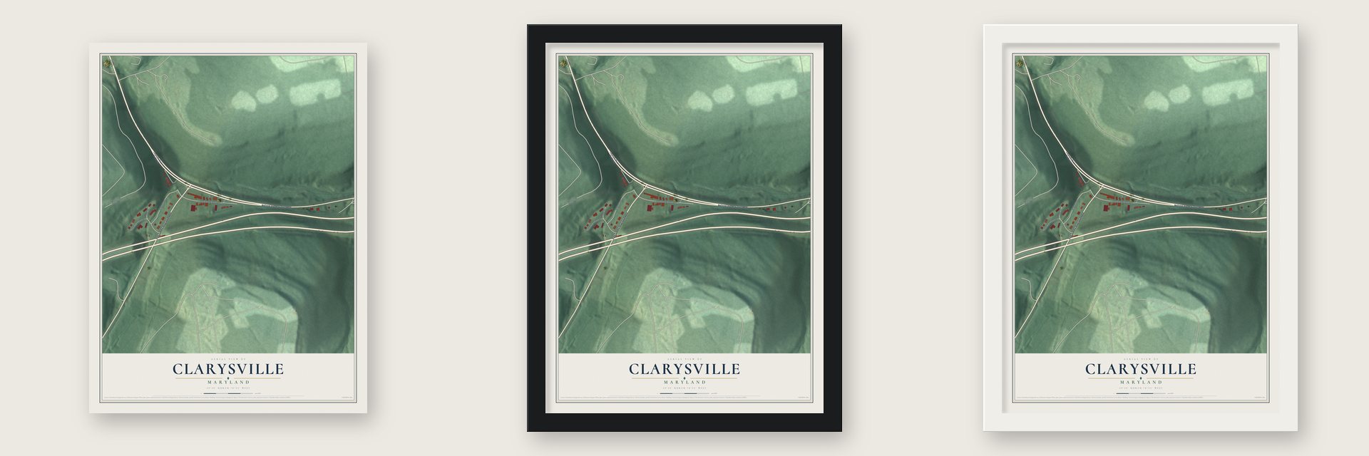 Clarysville, Maryland map unframed, in a black wood frame and in a white wood frame