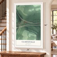 Clarysville, Maryland map, 24 x 36 inch print in a white frame by a staircase