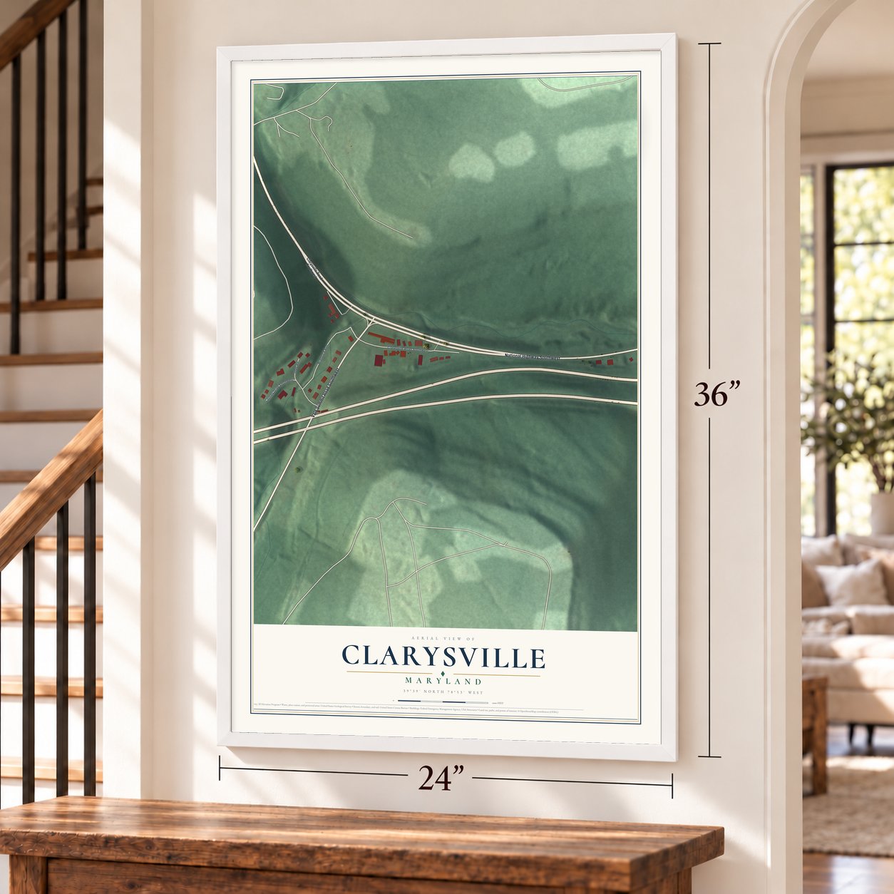 Clarysville, Maryland map, 24 x 36 inch print in a white frame by a staircase