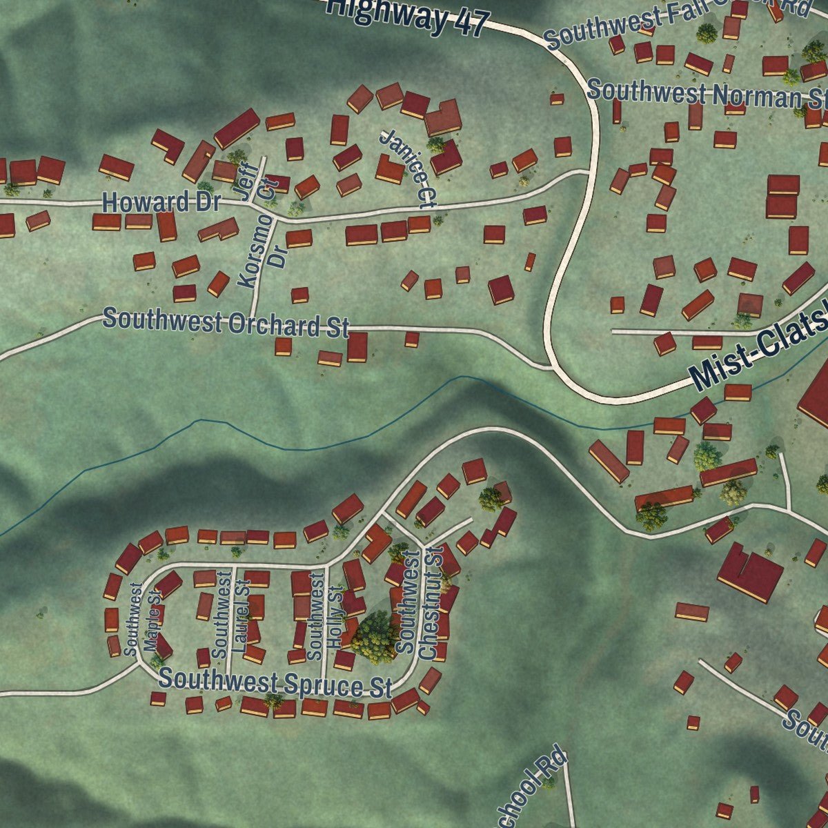 Second close-up of the map of Clatskanie, Oregon print showing more streets and buildings