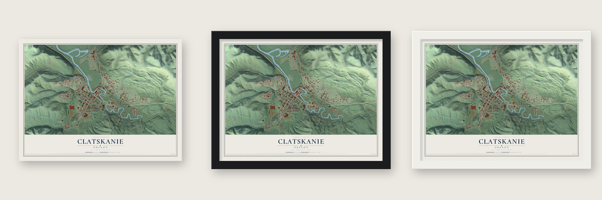 Clatskanie, Oregon map unframed, in a black wood frame and in a white wood frame