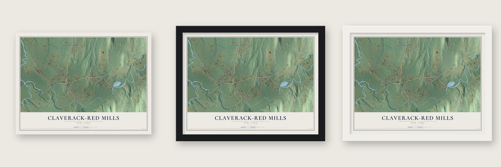 Claverack-Red Mills, New York map unframed, in a black wood frame and in a white wood frame