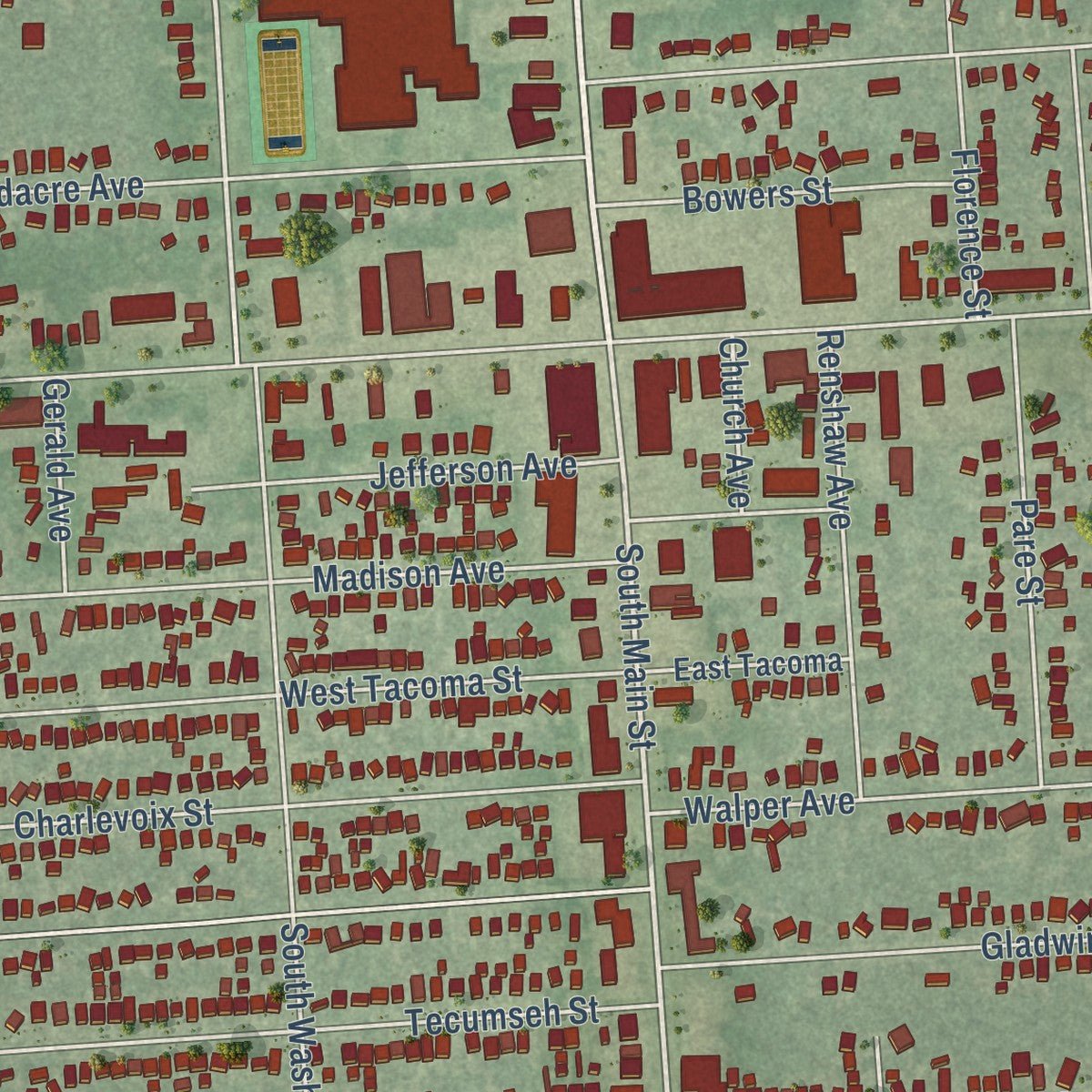 Second close-up of the map of Clawson, Michigan print showing more streets and buildings