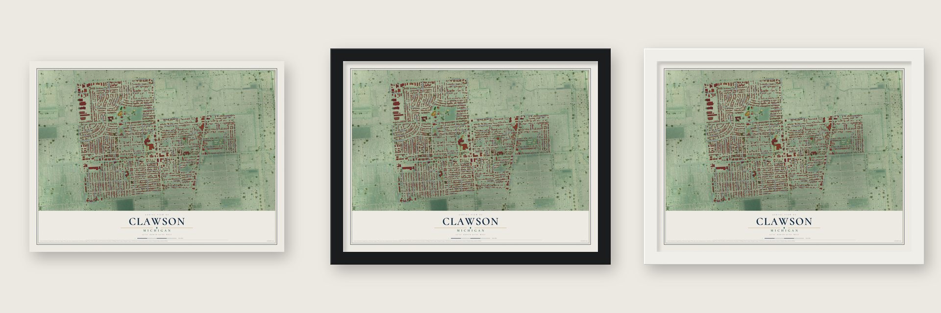 Clawson, Michigan map unframed, in a black wood frame and in a white wood frame