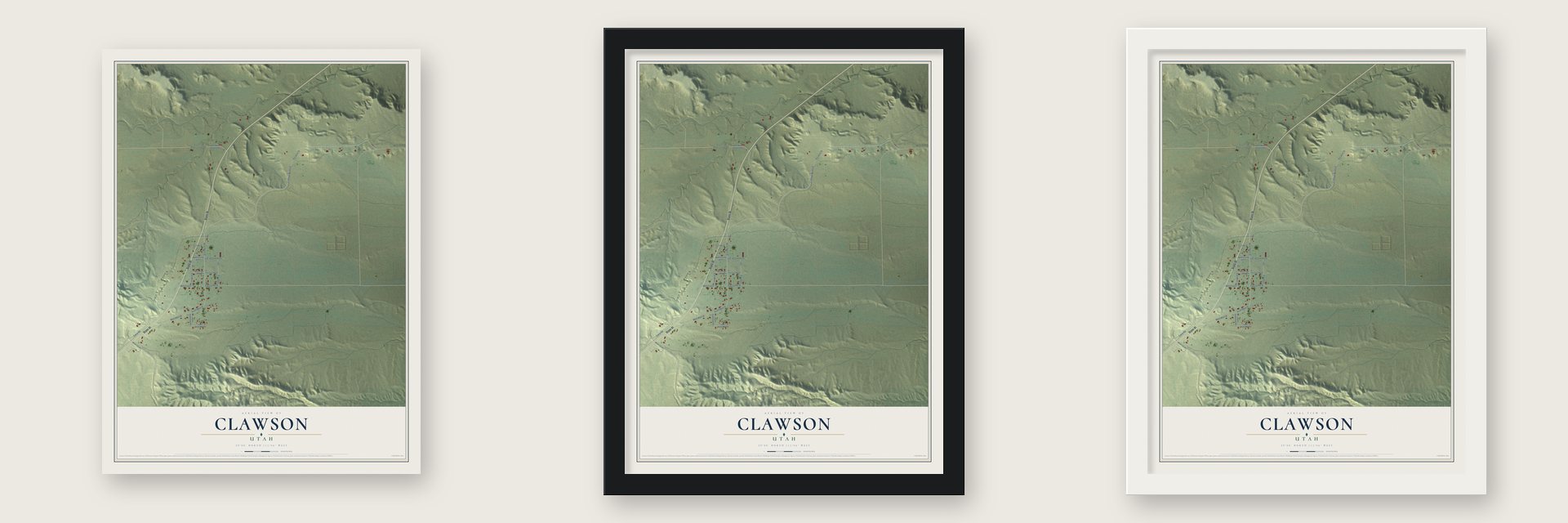 Clawson, Utah map unframed, in a black wood frame and in a white wood frame