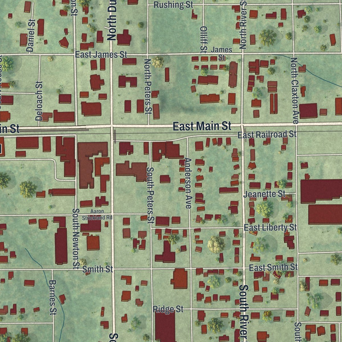 Second close-up of the map of Claxton, Georgia print showing more streets and buildings