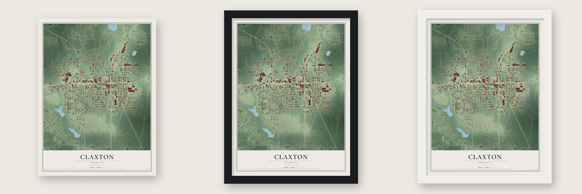 Claxton, Georgia map unframed, in a black wood frame and in a white wood frame