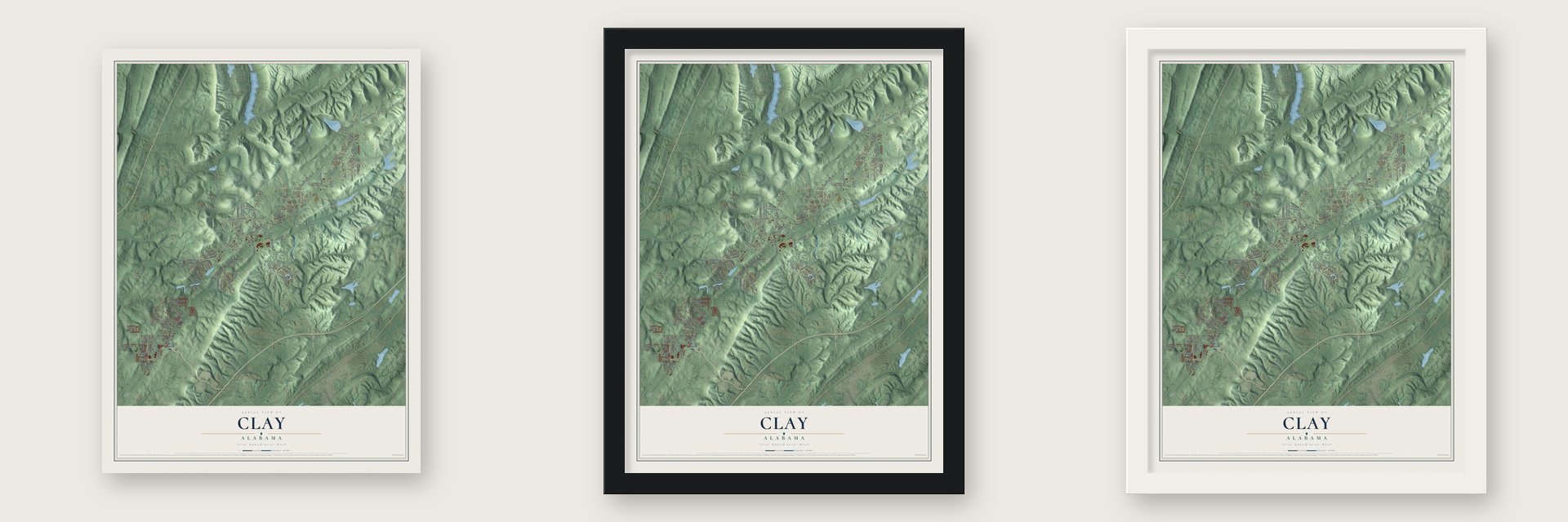Clay, Alabama map unframed, in a black wood frame and in a white wood frame