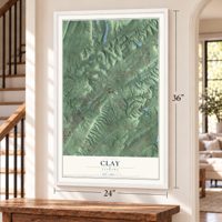 Clay, Alabama map, 24 x 36 inch print in a white frame by a staircase