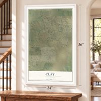Clay, California map, 24 x 36 inch print in a white frame by a staircase