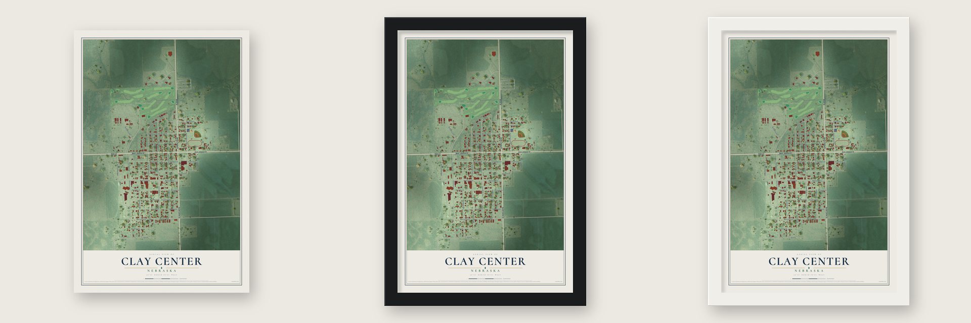 Clay Center, Nebraska map unframed, in a black wood frame and in a white wood frame