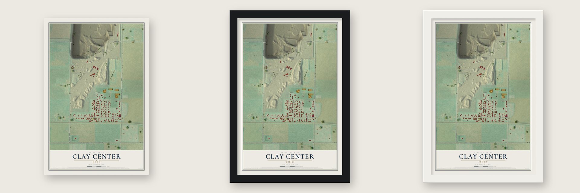 Clay Center, Ohio map unframed, in a black wood frame and in a white wood frame