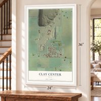 Clay Center, Ohio map, 24 x 36 inch print in a white frame by a staircase