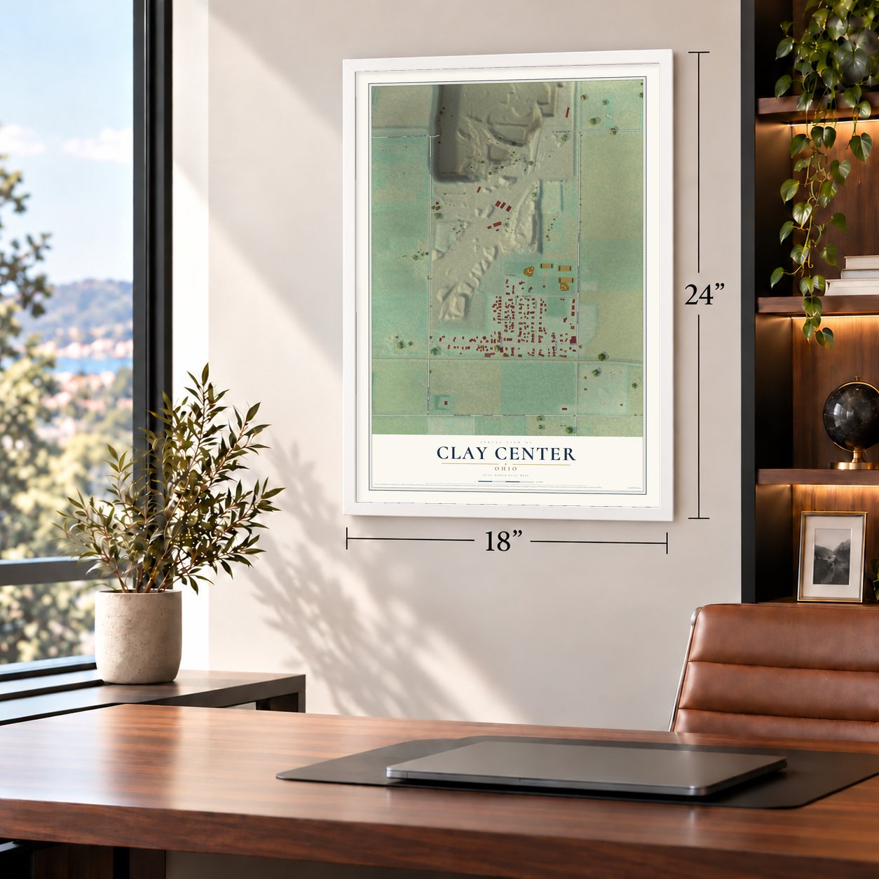 Clay Center, Ohio map, 18 x 24 inch print in a white frame in a home office