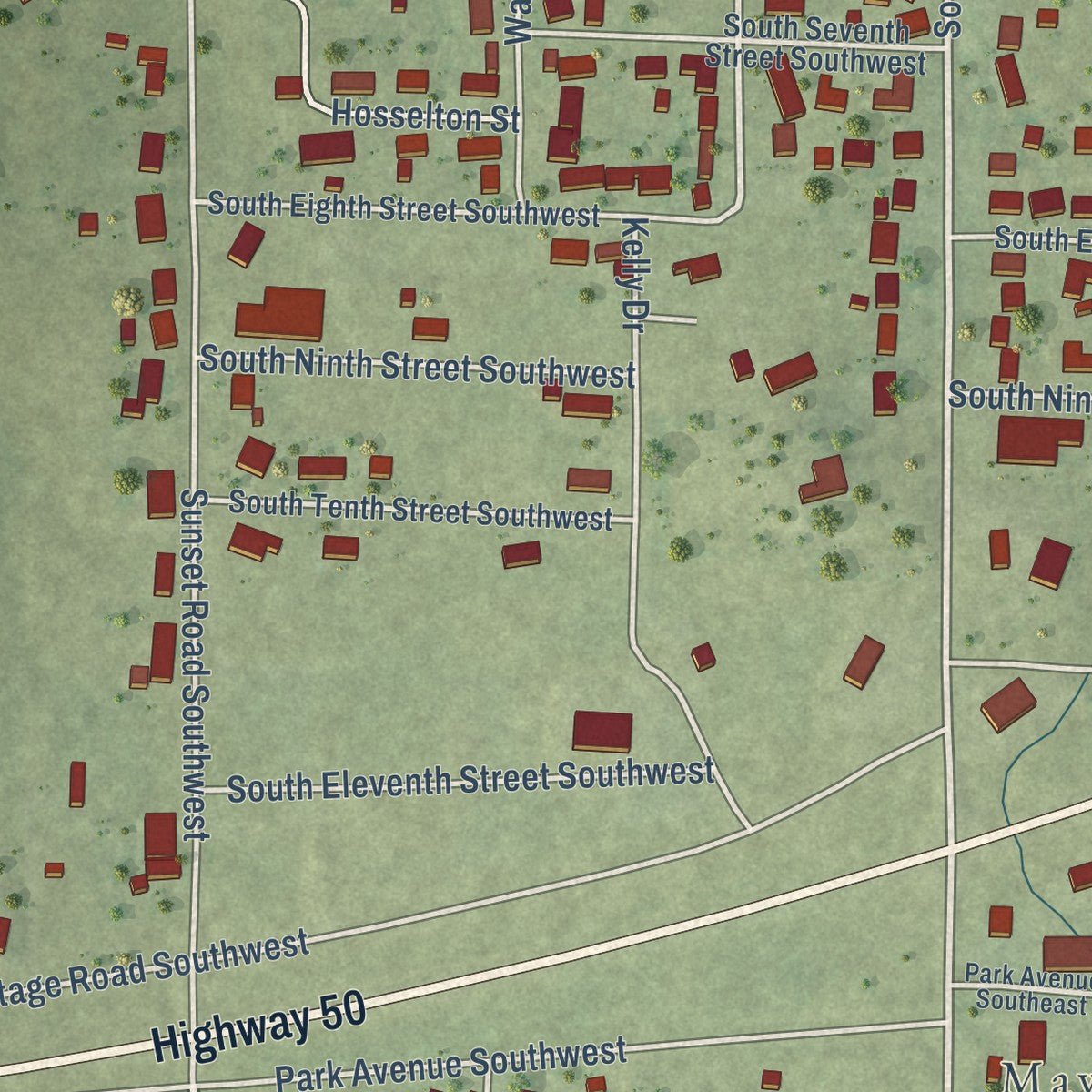 Second close-up of the map of Clay City, Illinois print showing more streets and buildings