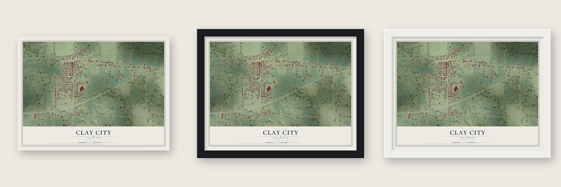 Clay City, Illinois map unframed, in a black wood frame and in a white wood frame