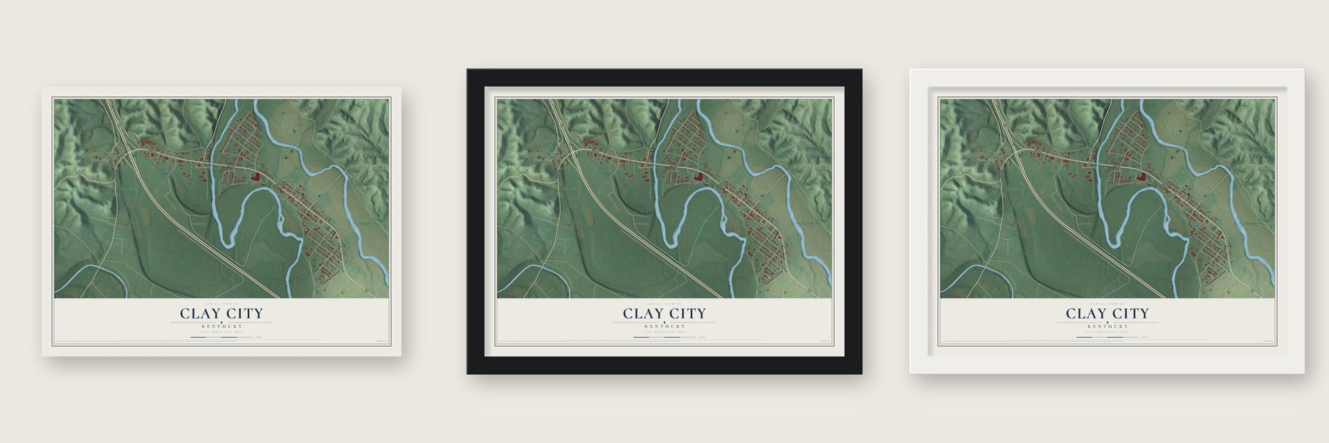 Clay City, Kentucky map unframed, in a black wood frame and in a white wood frame