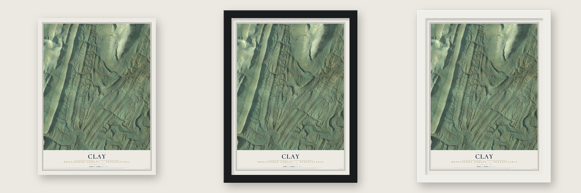 Clay, Huntingdon County, Pennsylvania map unframed, in a black wood frame and in a white wood frame
