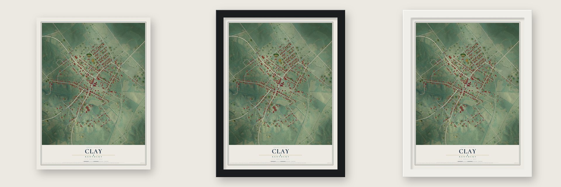 Clay, Kentucky map unframed, in a black wood frame and in a white wood frame